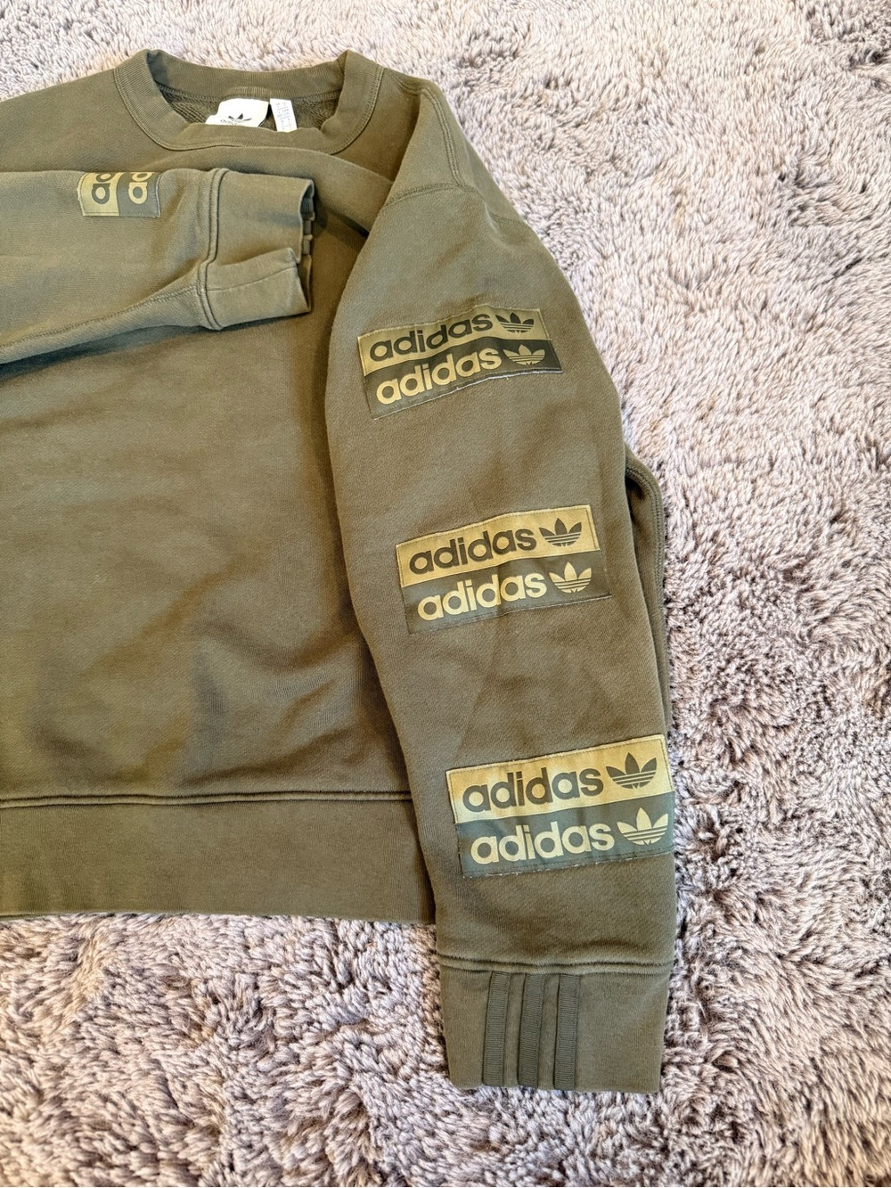 adidas Olive Crewneck Sweatshirt with Sleeve Trefoil Panels - Picture 2 of 9